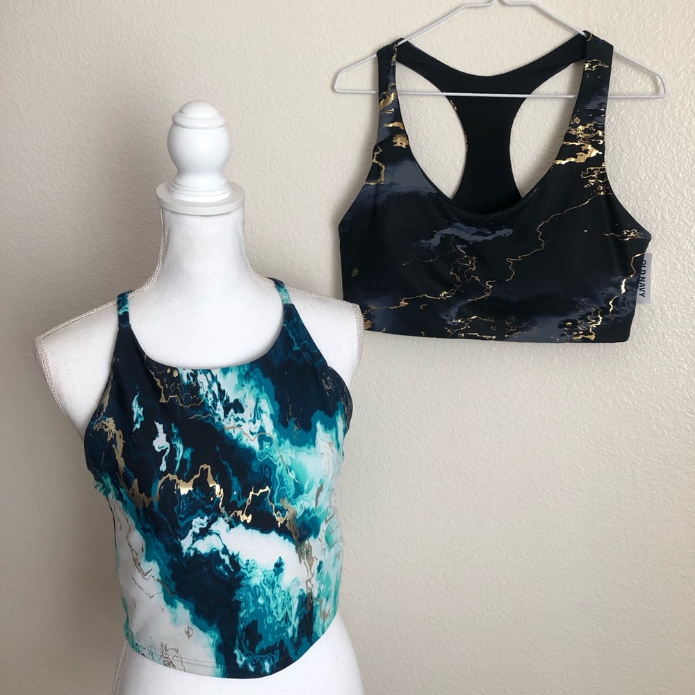 Old Navy Marble Print Sports Bra blue black gold lightning ombré dip dye top